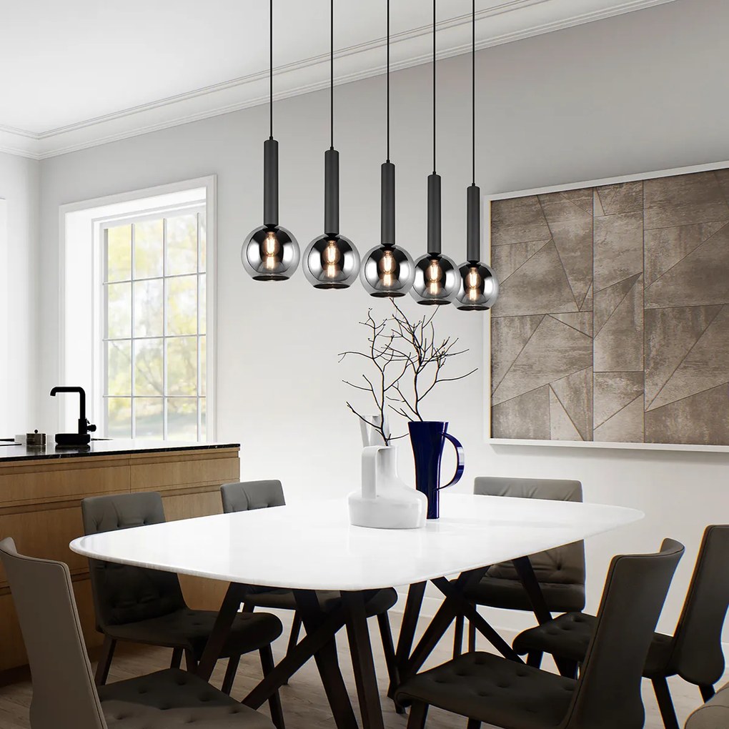 Candeeiro suspenso moderno preto com vidro fumado 5-luzes - Clayton