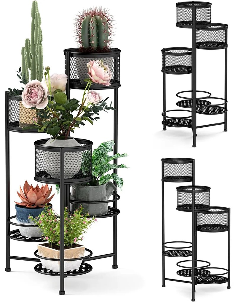 Estante metálica dobrável de 6 níveis para plantas, suporte para 6 vasos com tabuleiro articulado elegante 41 x 39 x 82 cm Preto