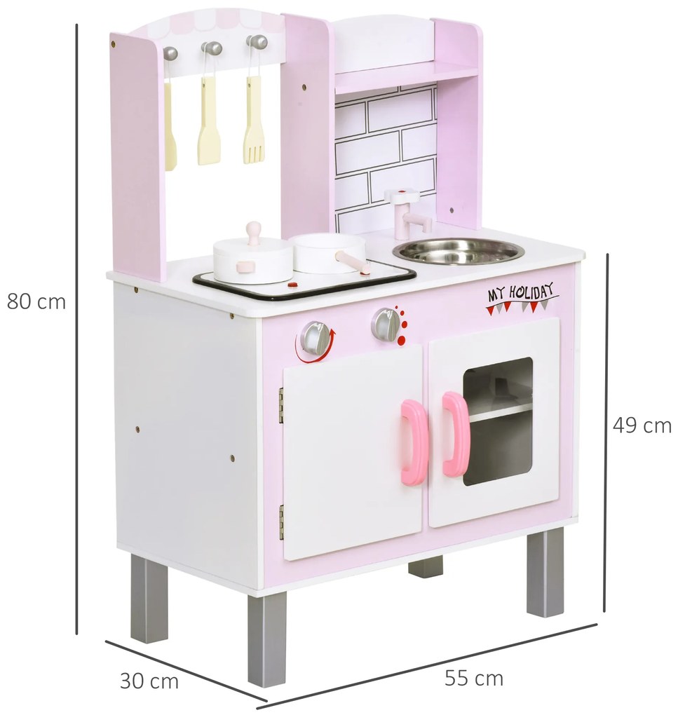 Cozinha de brinquedo para crianças acima de 3 anos educativo com espaço de armazenamento e som 55x 30x 80cm rosa