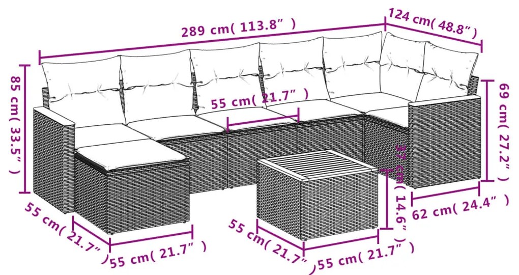 8 pcs conjunto sofás de jardim c/ almofadões vime PE cinzento