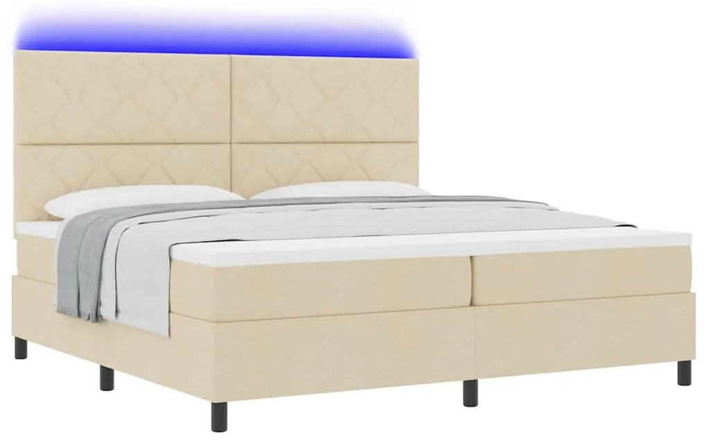 Cama com Estrado e Colchão com Luz LED - Creme, 200 x 200 cm, Tecido