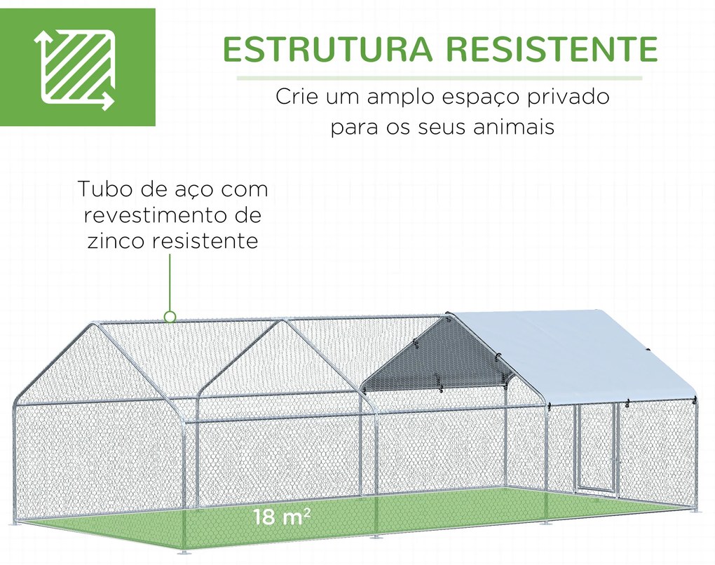 Galinheiro de Exterior Grande 3.03x6x1,95cm Gaiola de Metal Galvanizado para Galinhas Coelhos Aves com Fechadura Prata