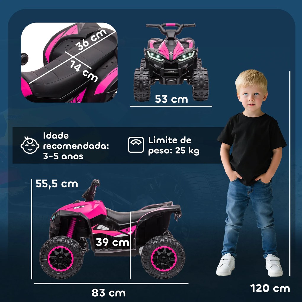 Moto 4 Elétrica para Crianças de 3-5 Anos Veículo Eléctrico a Bateria 12V com 2 Motores 83x53x55,5 cm Rosa