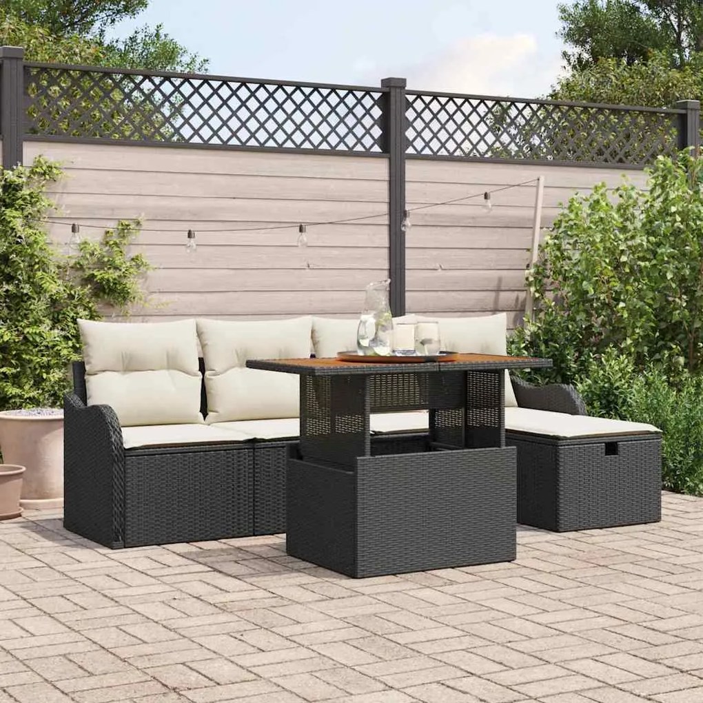 Conjunto de Sofá de Jardim com 6 Peças e Almofadas Negras de Rattan Si
