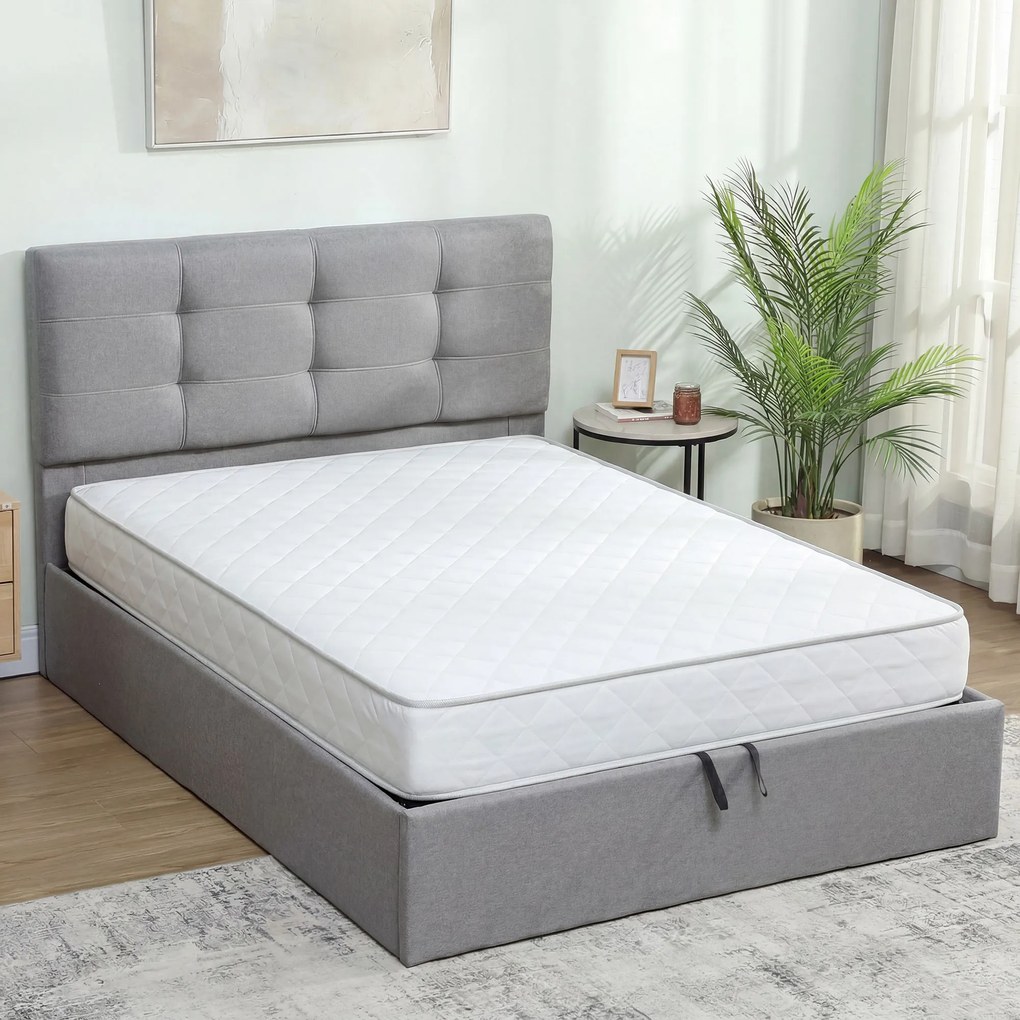 Cama com arrumação 140x190 (COLCHÃO NÃO INCLUIDO), estrutura de cama de casal estofada com base de ripas de madeira e arrumação oculta, sem colchão, c