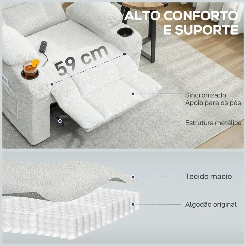 Poltrona Relax Reclinável Elétrica com Função Memória Apoio para Pés Controlo Remoto e Porta USB 94x90x105 cm Branco Creme