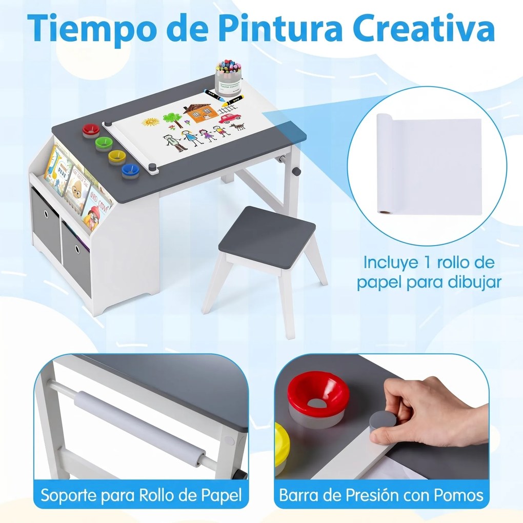 Conjunto de Mesa de Arte Infantil e Banco, 91 x 54 x 49,5 cm, Com Rolo de Desenho, Cinzento + Branco
