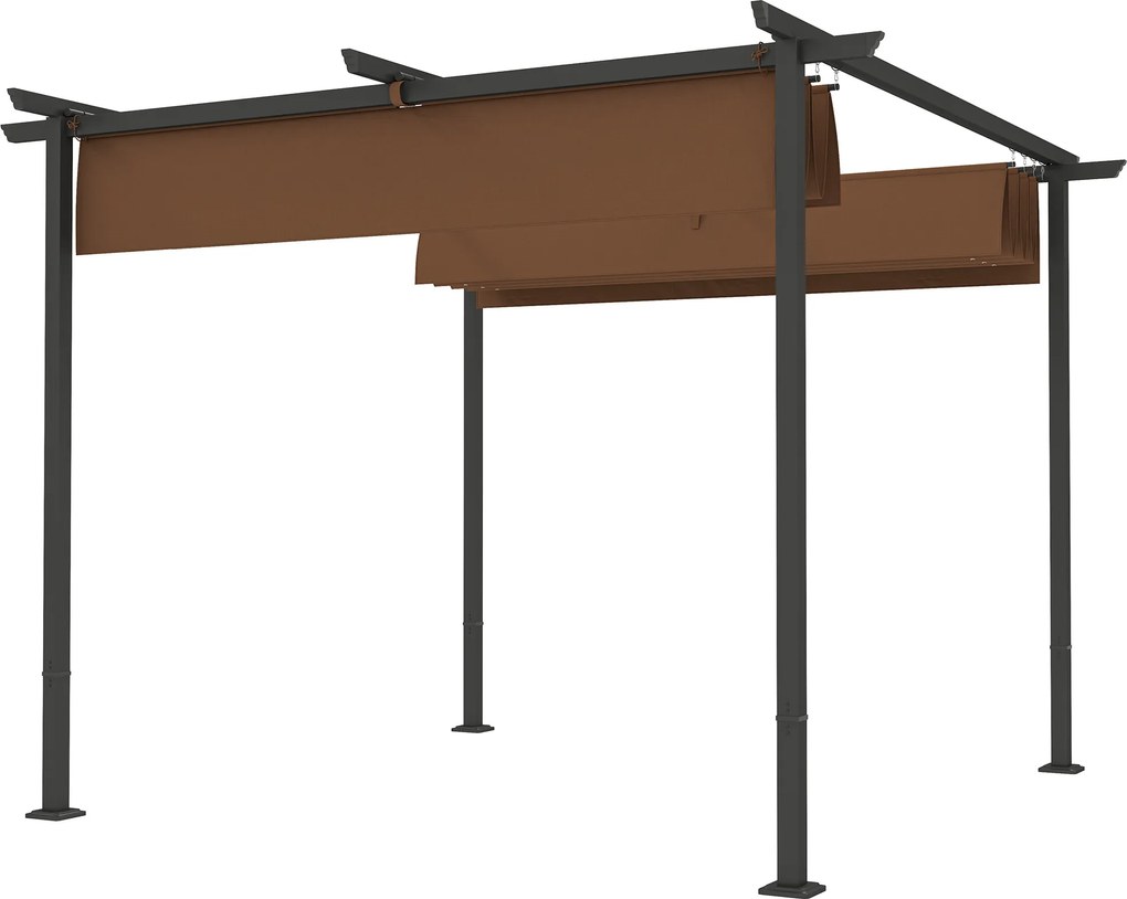 Pérgula de jardim para exterior 3x3 m com cobertura deslizante e retrátil em poliéster de alta densidade 180 g/m², abrigo solar UPF30+, castanho