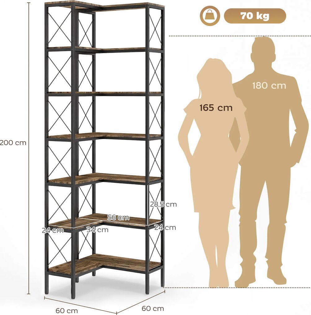 Estante de canto com 6 prateleiras 60 x 60 x 200 cm, móvel de arrumação em metal para sala de estar, quarto, escritório, castanho rústico e preto