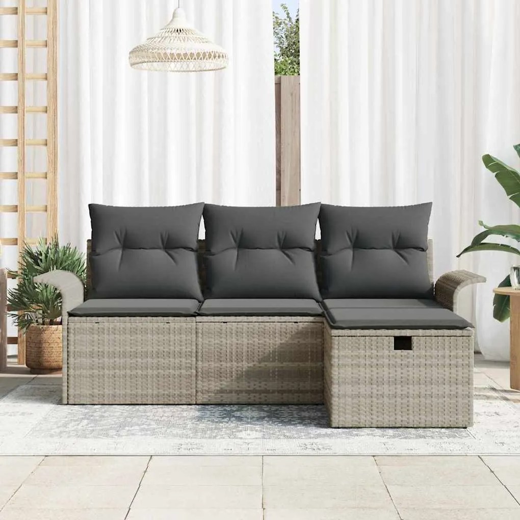 Sofá de Jardim em Conjunto com 4 Peças e Almofadas Cinza Claro de Poli