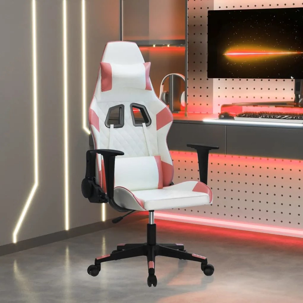 vidaXL Cadeira gaming couro artificial branco e rosa
