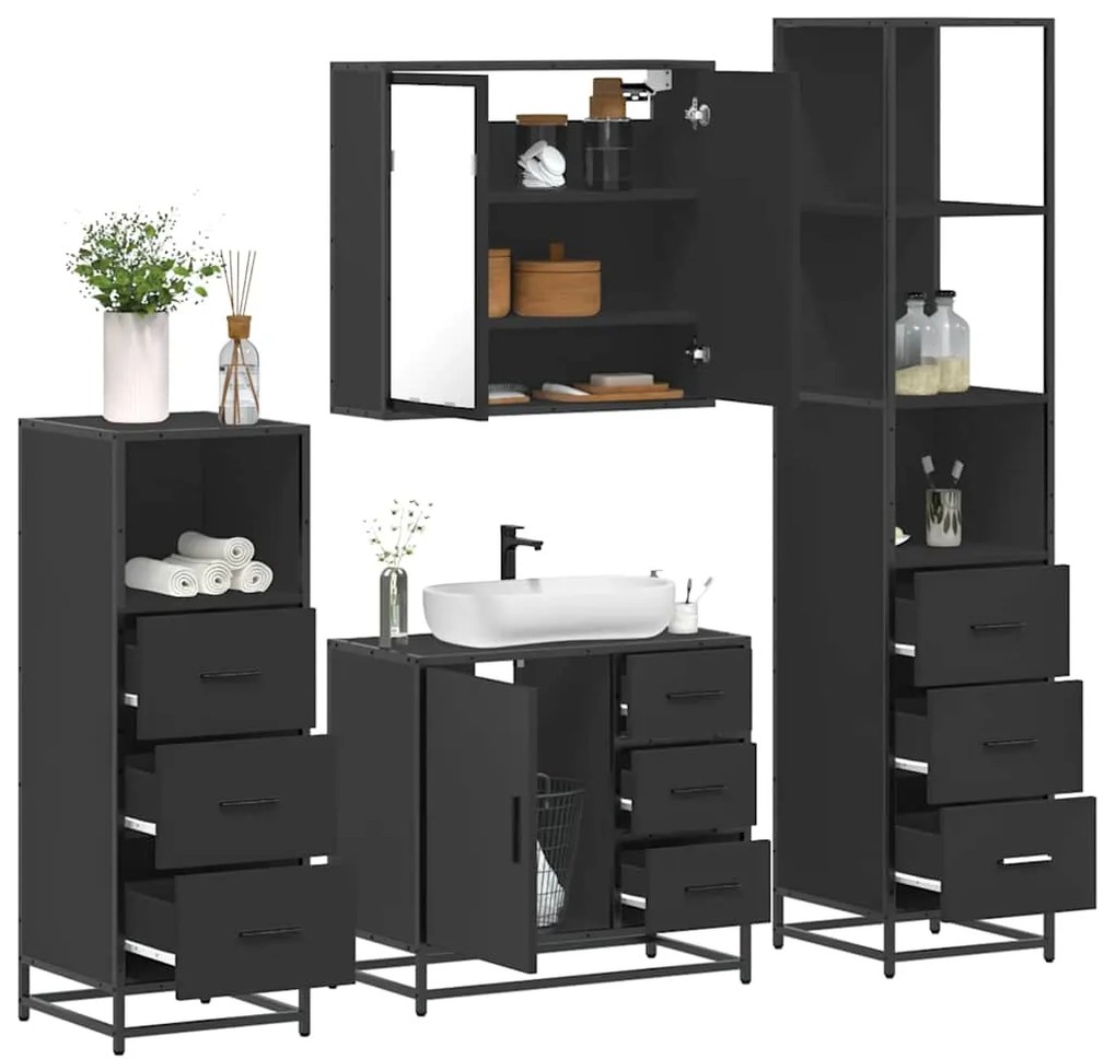 vidaXL 4 pcs conjunto móveis casa de banho derivados de madeira preto
