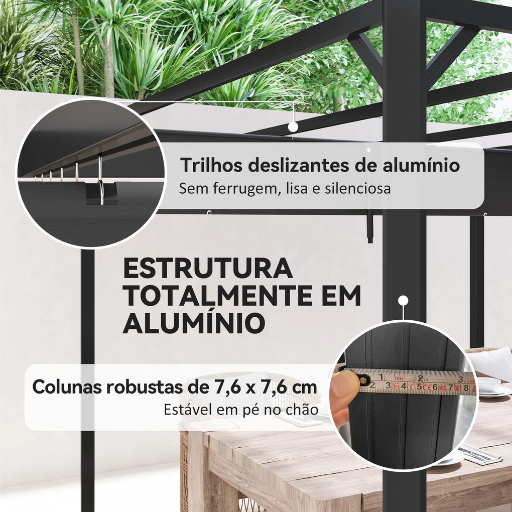 Pérgola de Jardim de Alumínio 3x3 m com Teto Retrátil e Lateral Enrolável UPF30+ Pérgola para Exterior Cinza