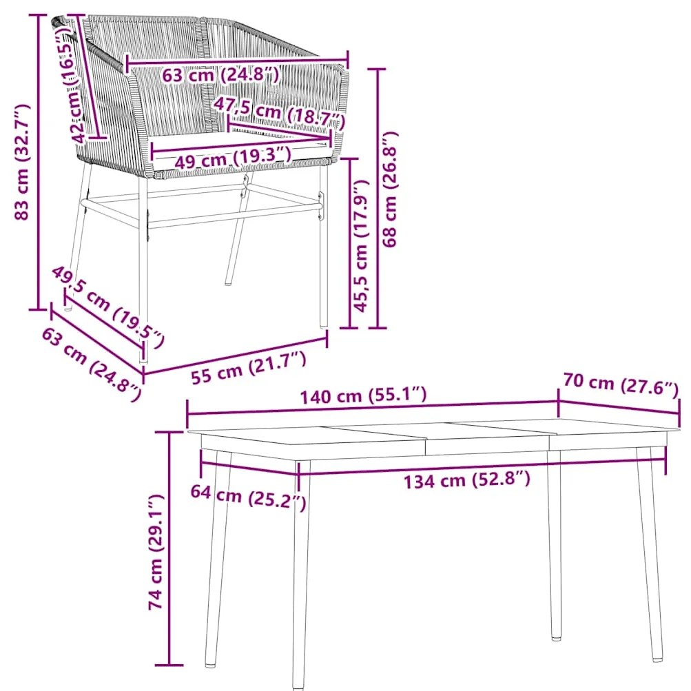 Conjunto jantar jardim 5 peças almofadas vidro vime PE castanho