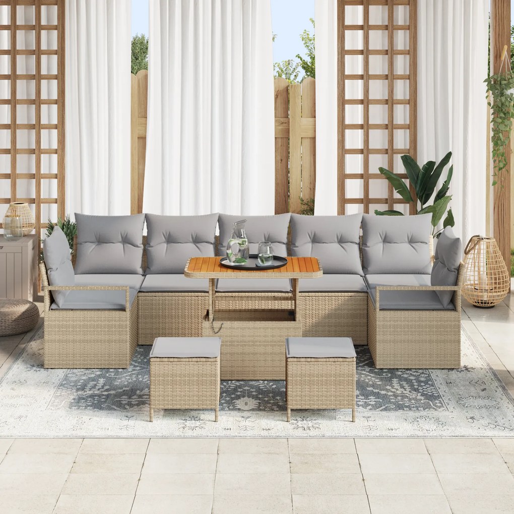 Conjunto de Sofás de Jardim de 10 peças com Almofadas Bege Rattan Poli