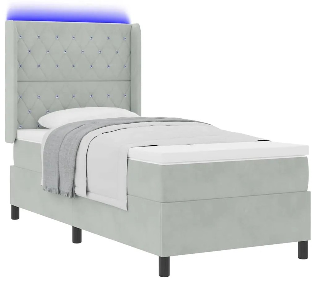 Cama Box com Colchão &amp; Luz LED Cinza Claro 90x190 cm Veludo