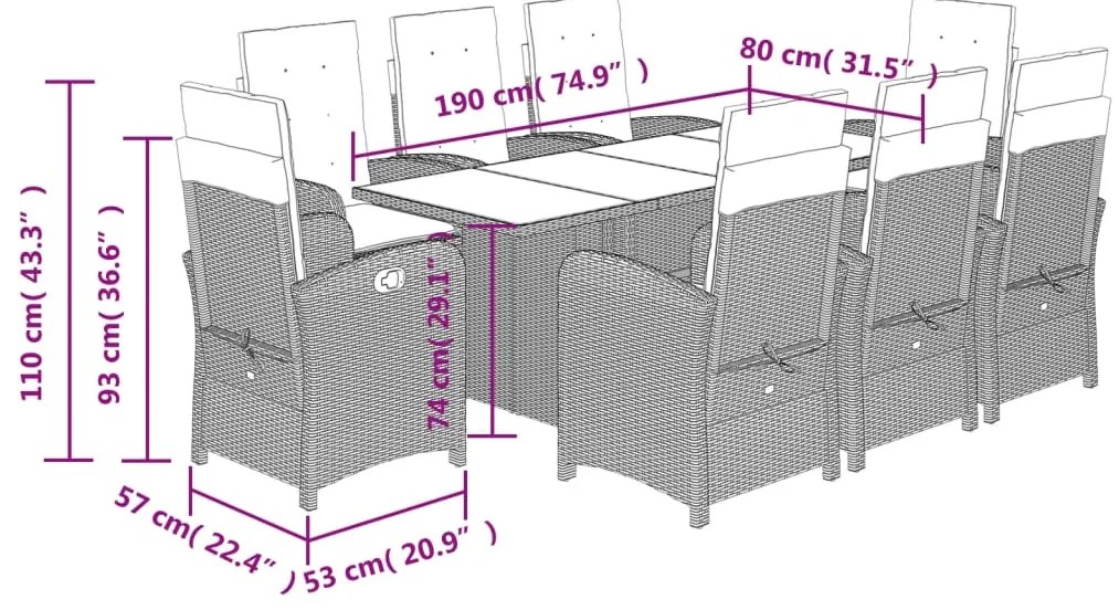 9 pcs conjunto de jantar p/ jardim c/ almofadões vime PE cinza