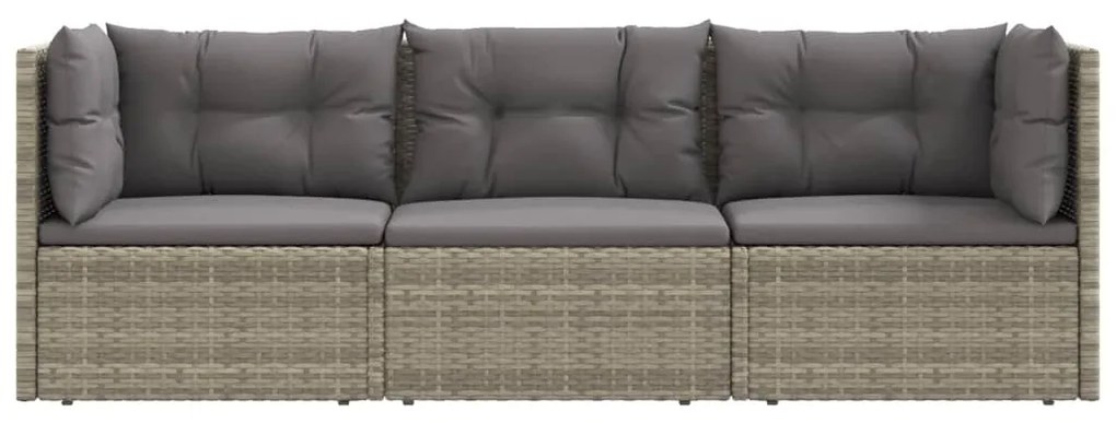 3 pcs conjunto lounge de jardim c/ almofadões vime PE cinzento