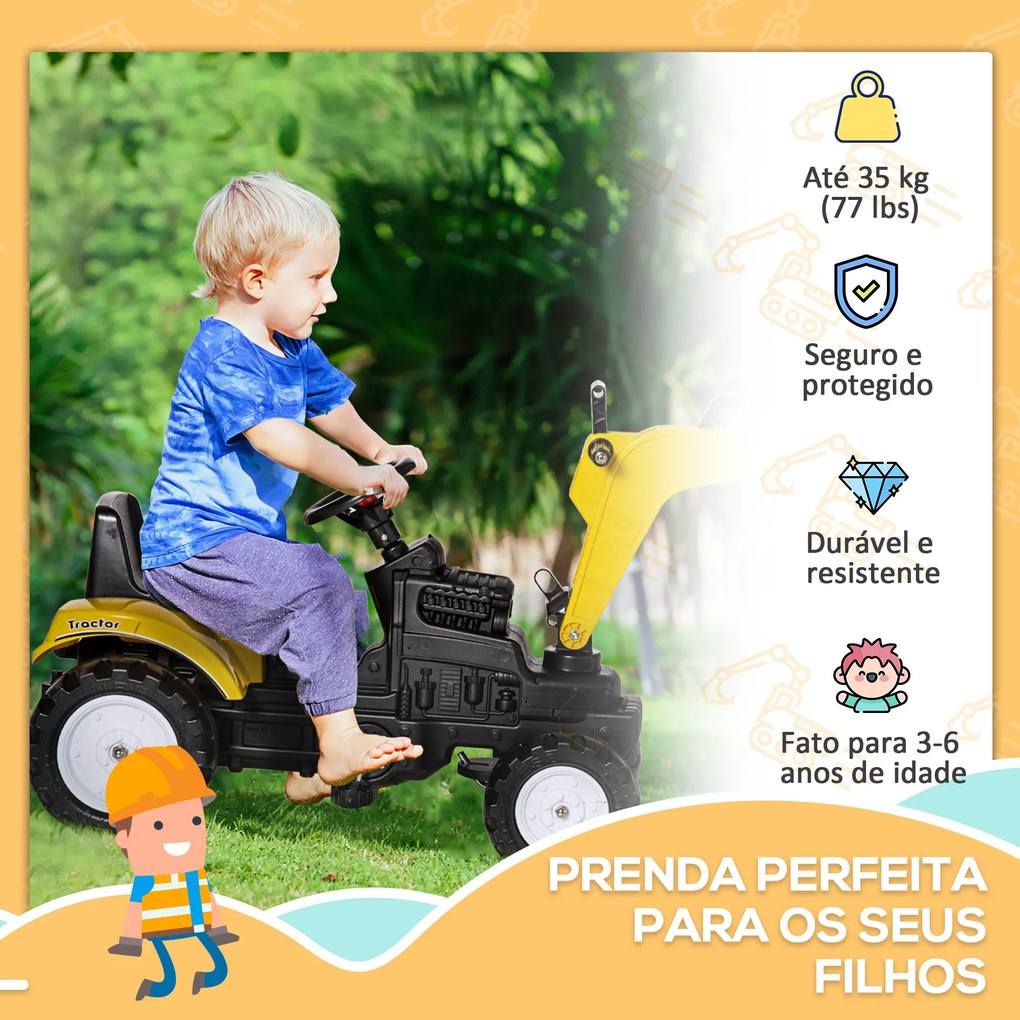 Trator a Pedais para Crianças Escavadora para Crianças com Pá Dianteira e Buzina Trator Infantil 107x42x71 cm Amarelo