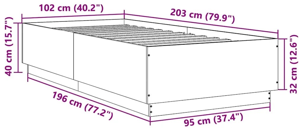 Estrutura cama 100x200 cm derivados de madeira carvalho fumado