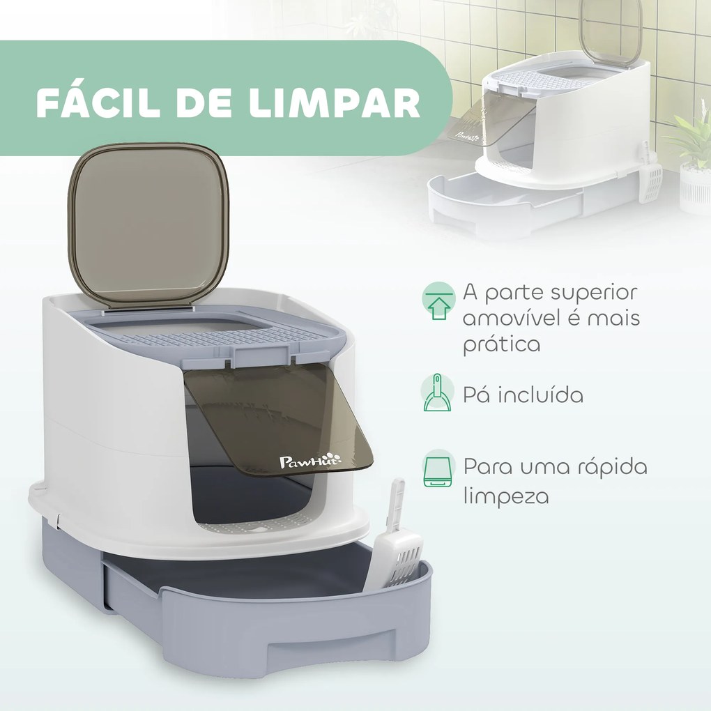 Caixa de Areia para Gatos Fechada com Entrada Frontal Saída Superior Tampa Amovível Bandeja e Pá 40,5x52,5x42,5 cm Branco e Cinza