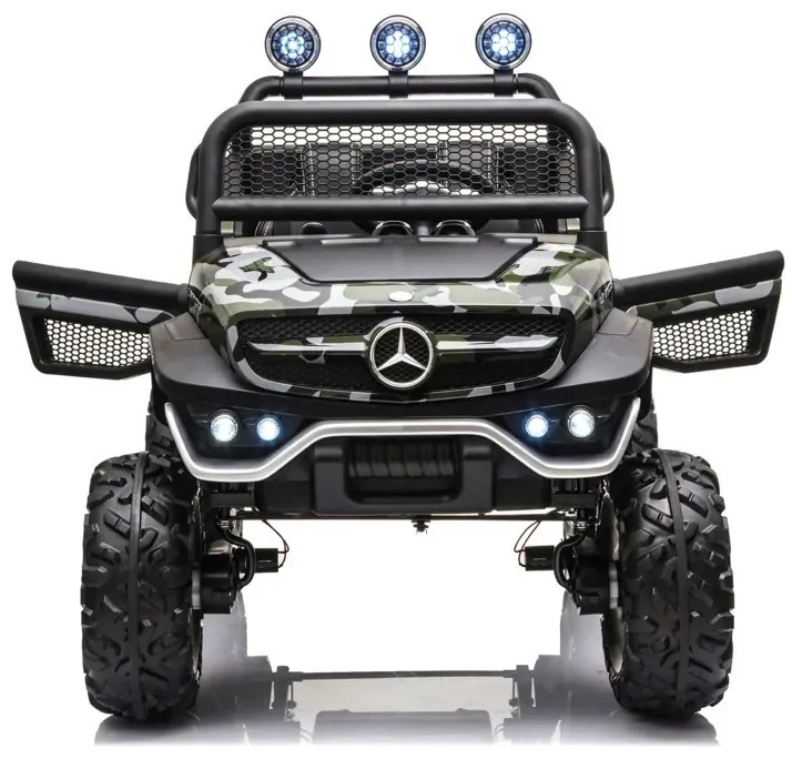 Jipe elétrico para crianças Mercedes-Benz Unimog bateria 12v, 4x4 2 Lugares pneus em borracha, assento em pele artificial Camuflado