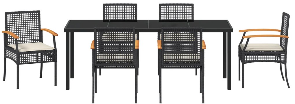 Conjunto de Jantar de Jardim de 7 Peças com Almofadas Preto Vime PE