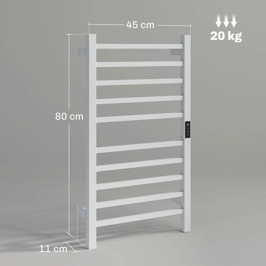 Toalheiro Elétrico de Parede 110W com Controlo WIFI Ecrã Tátil Temporizador 10 Barras Temperatura Ajustável Baixo Consumo IPX4 45x11x80 cm Branco