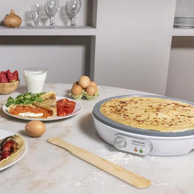Máquina para crepes Fun Crepestone. 1000 W, Placa com revestimento antiaderente RockStone, Termóstato ajustável, Rolo de espalhamento e Espátula Inclu