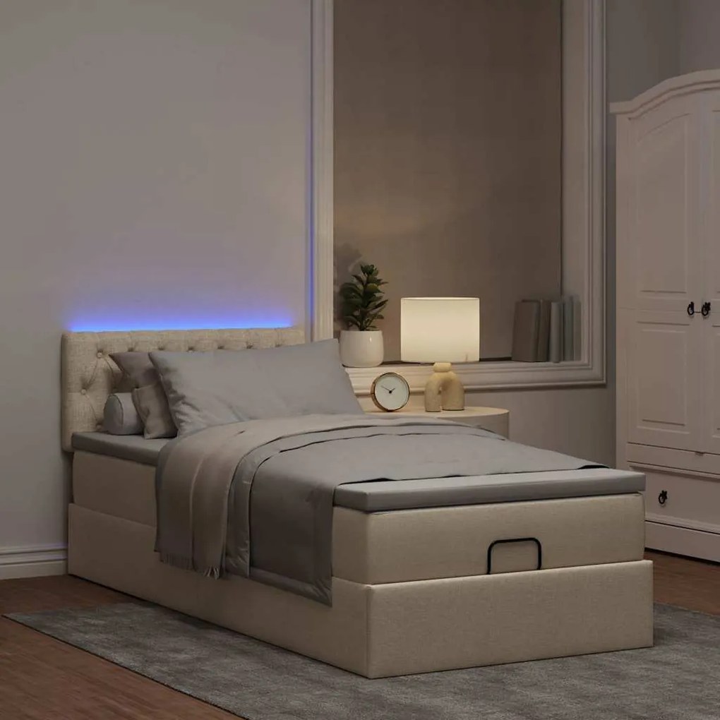 Cama Otomana com colchão &amp; LEDs 90x200 cm tecido creme
