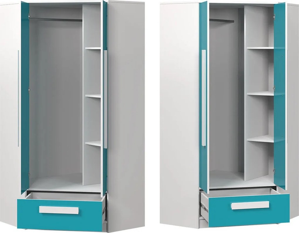 Roupeiro de canto Merevari 103, Branco, Branco brilhante, Cinzento, 191x87x87cm, 79.9 kg, Portas para roupeiro: Com dobradiças, Número de prateleiras: 3, Número de prateleiras: 3