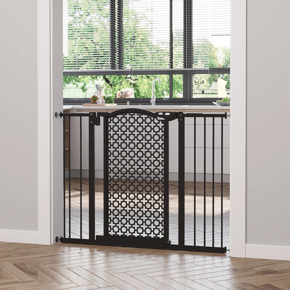 PawHut Barreira de Segurança para Cães Animais de Estimação para Portas Escadas Corredores 74-105cm com 2 Extensões de 10/15cm com Porta e Fechadura Automática Aço Preto