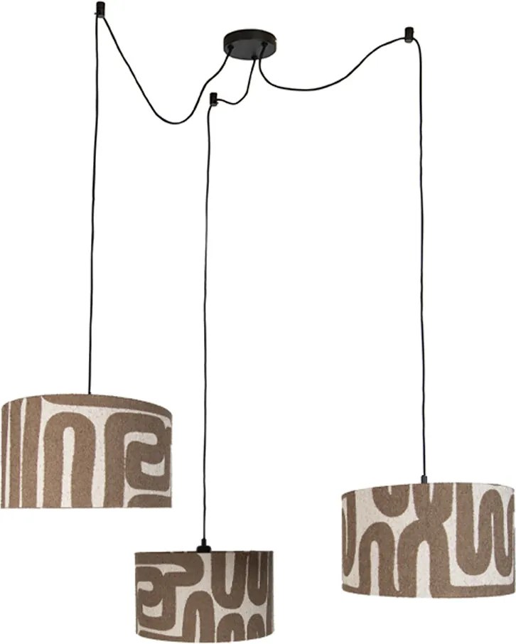 Candeeiro suspenso preto com abajur castanho bege 35cm 3-luzes - Cava