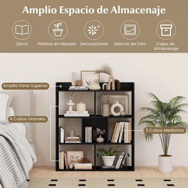 Estante aberta com 7 cubos de madeira 80 x 20 x 90 cm para quarto e sala de estar Preta