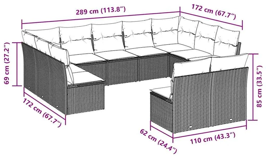 11 pcs conjunto sofás de jardim c/ almofadões vime PE castanho
