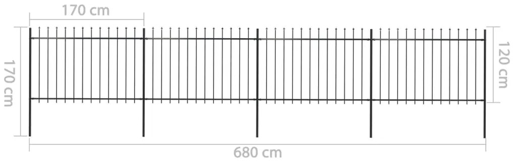 Cerca jardim com topo em lanças 6,8x1,2 m aço preto