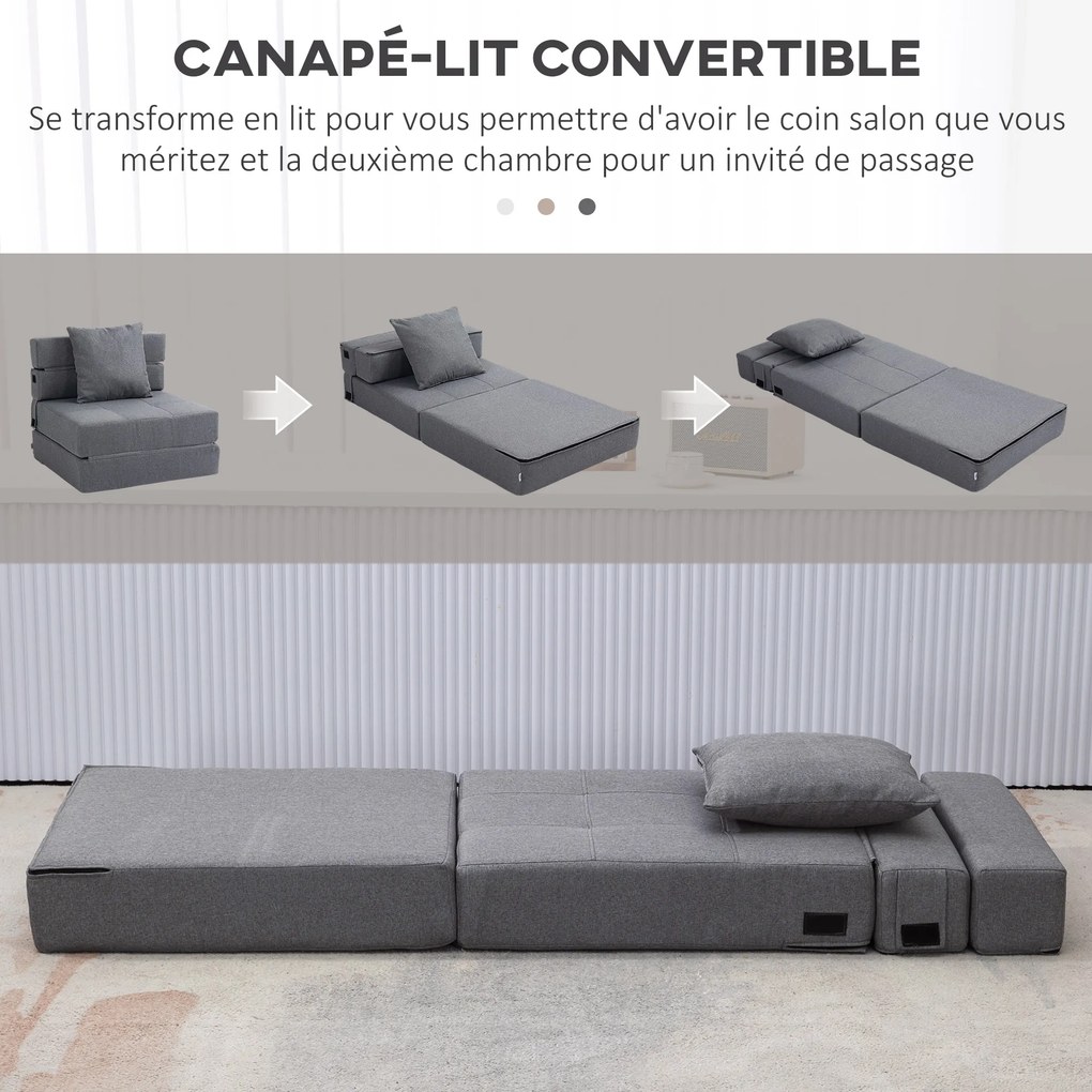 Poltrona-sofá-cama convertível de 1 lugar com 1 almofada com capa removível, tecido cinzento