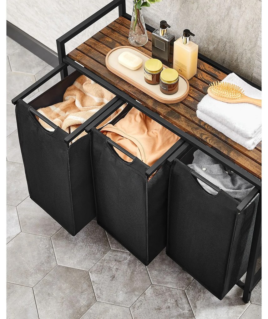 Cesto para roupa suja 3 x 38 L com 1 prateleira Castanho Vintage  + preto