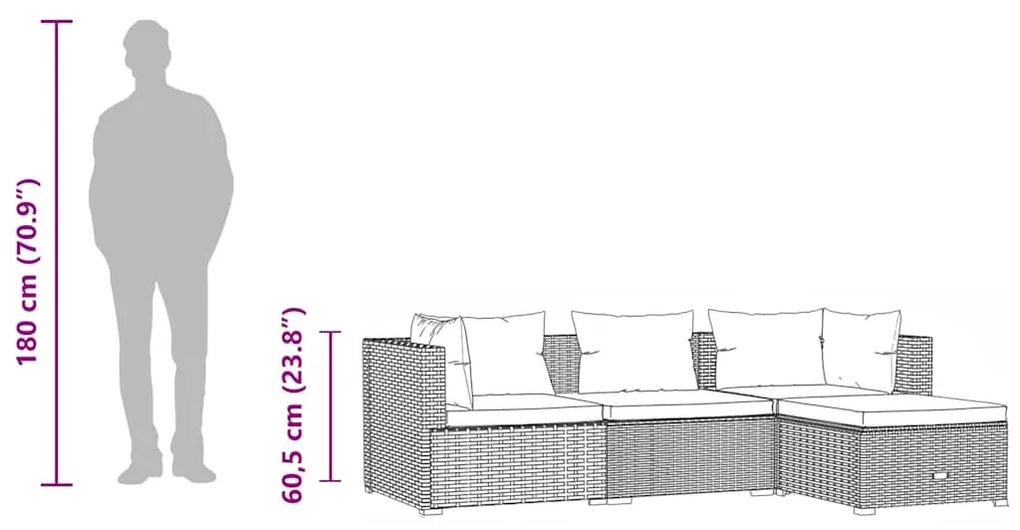 4 pcs conjunto lounge jardim c/ almofadões vime PE castanho