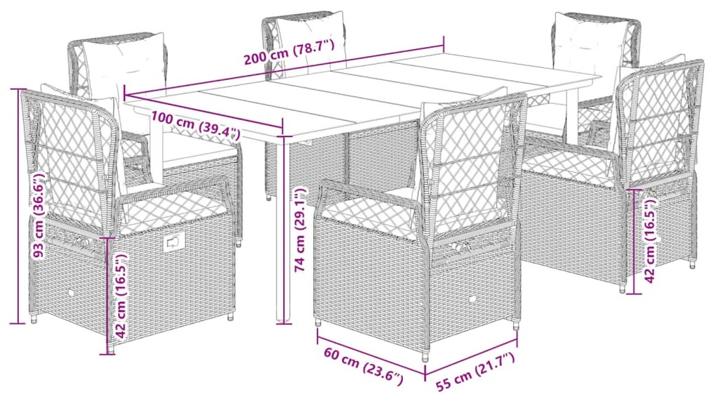 7 pcs conj. jantar p/ jardim c/ almofadões vime PE cinza-claro
