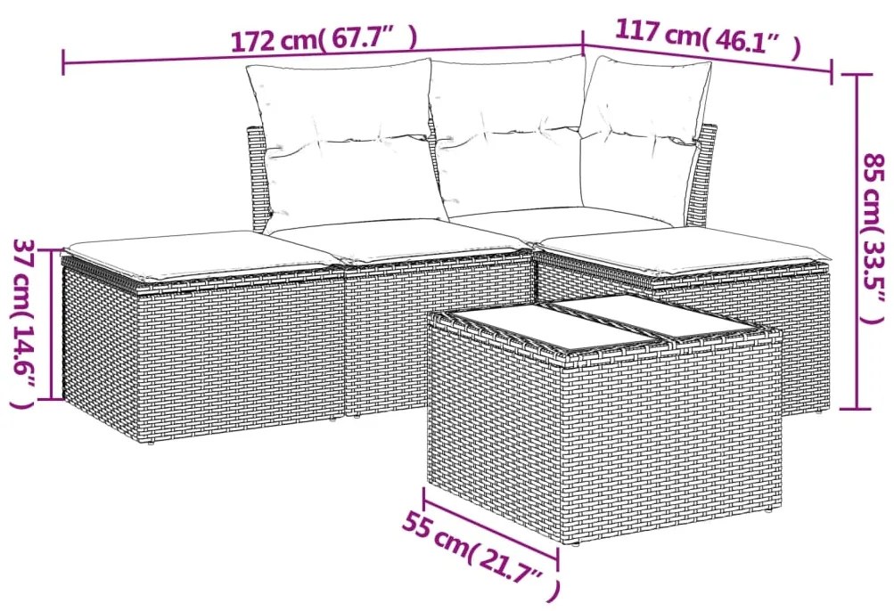 5 pcs conjunto sofás p/ jardim c/ almofadões vime PE castanho