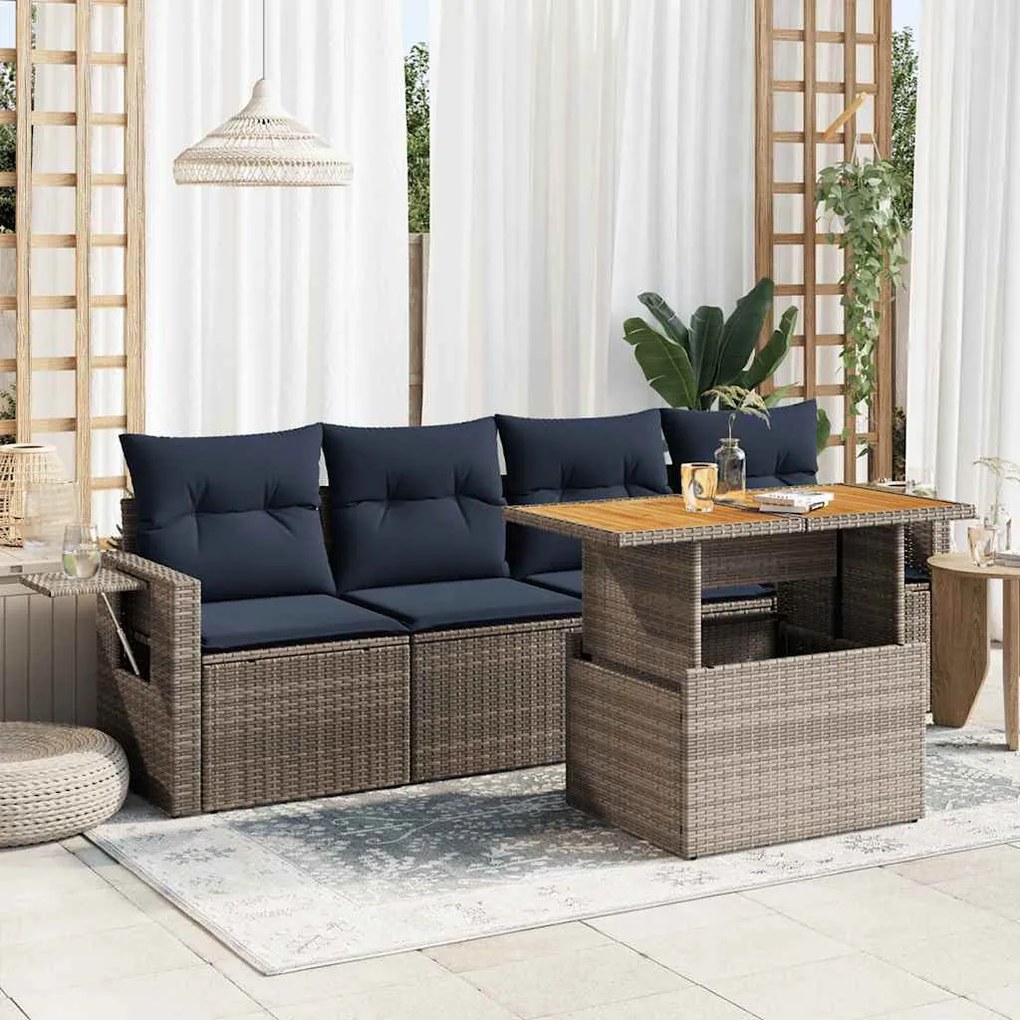5 pcs conjunto sofás de jardim c/ almofadões vime PE cinzento