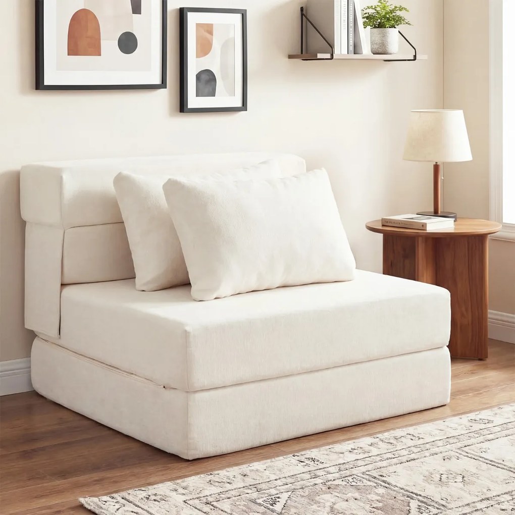 Sofá-cama futon dobrável 3 em 1 com 2 almofadas, em tecido de chenille , para sala, quarto ou escritório bege