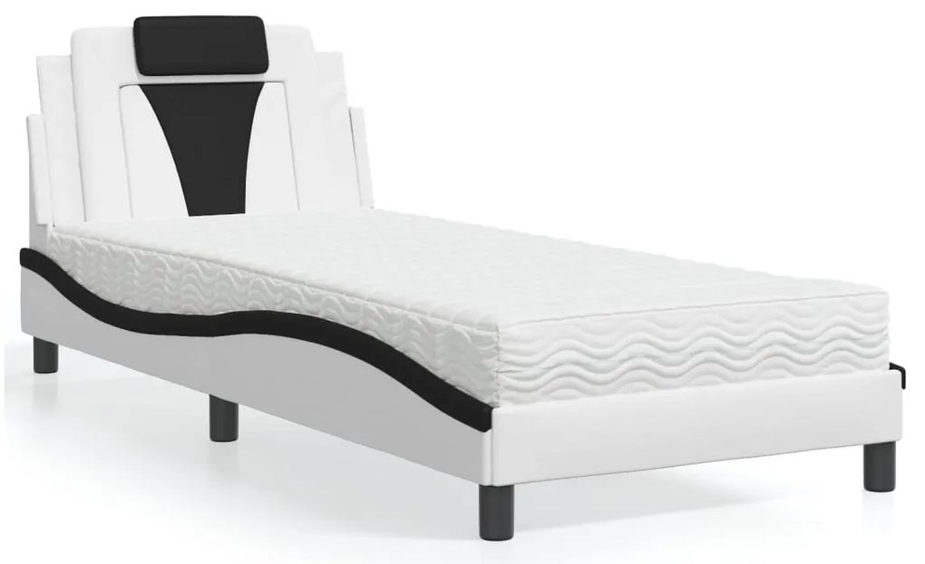 Cama com colchão 90x190 cm couro artificial preto e branco