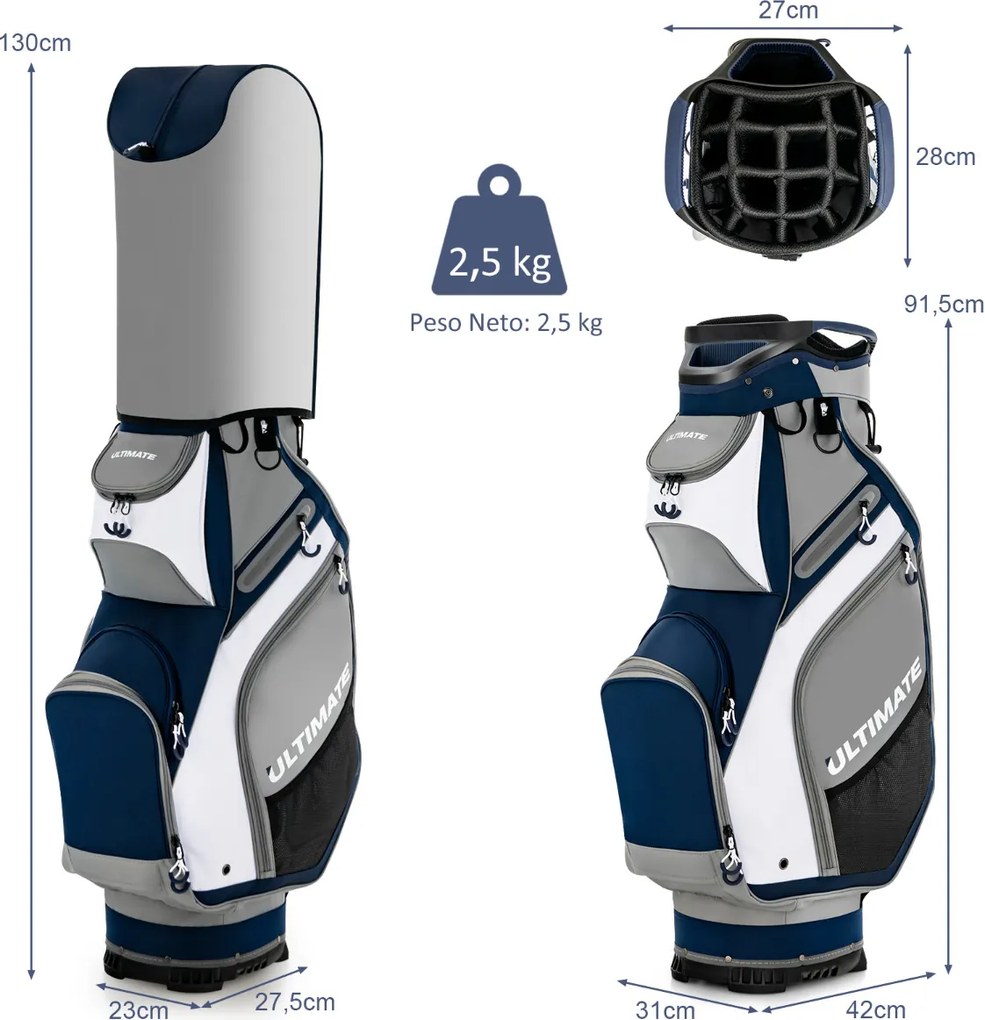 Saco para golfe Bolsa leve e portátil com 14 divisórias, 7 bolsos, capa para chuva, 42 x 31 x 91,5 cm Azul Marinho + Cinza