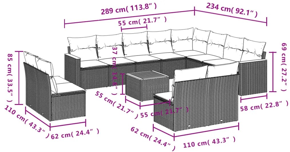 13 pcs conjunto sofás p/ jardim c/ almofadões vime PE cinzento