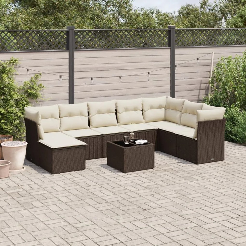 vidaXL 9 pcs conjunto sofás p/ jardim c/ almofadões vime PE castanho