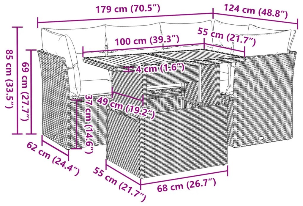 5 pcs conjunto de sofás p/ jardim com almofadões vime PE bege