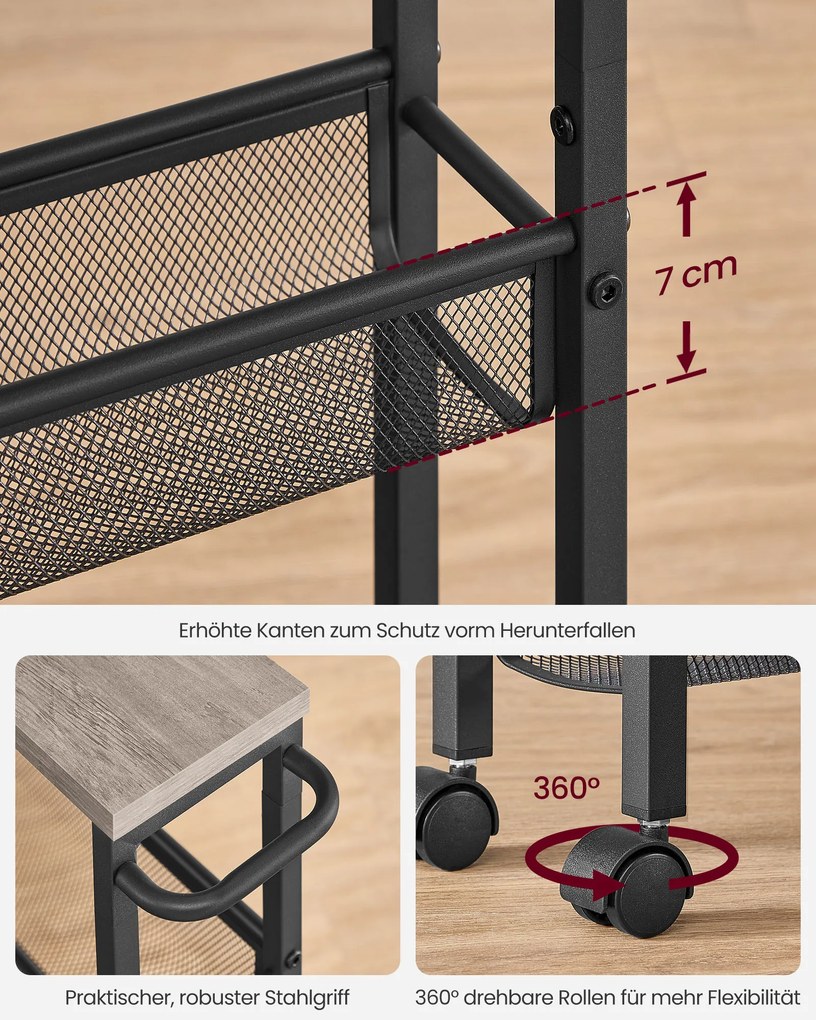 Carrinho cozinha, casa de banho 13 x 45,4 x 77 cm com 4 níveis e pega preto greige-preto