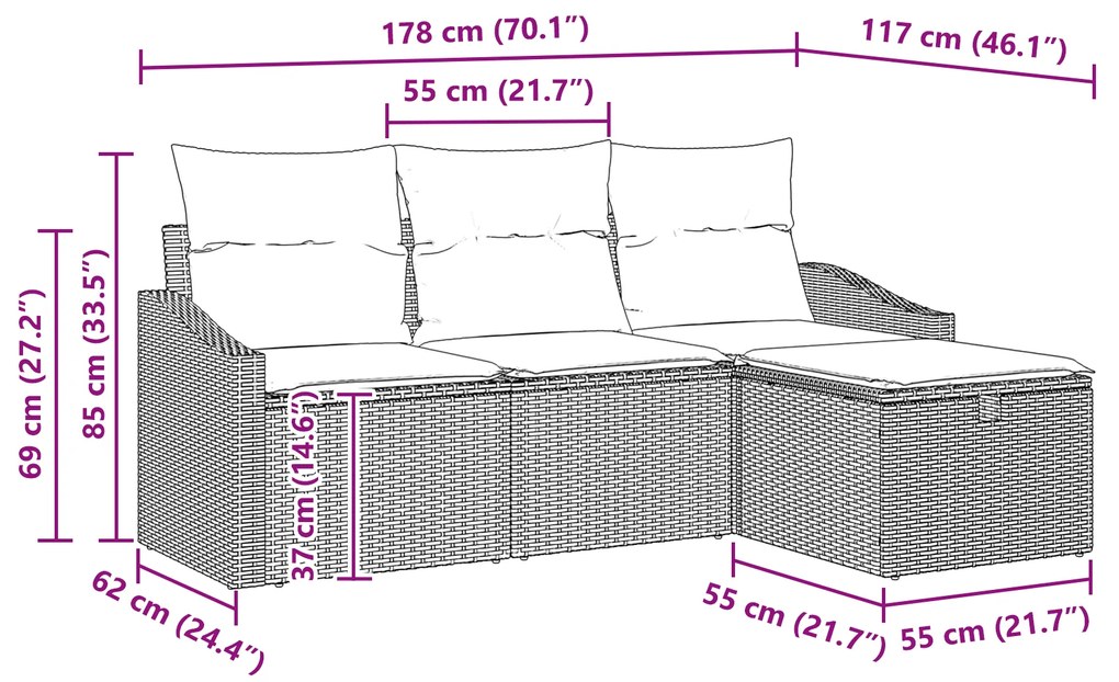 Conjunto de Sofá de Jardim de 4 Peças com Almofadas Cinza Claro de Rat